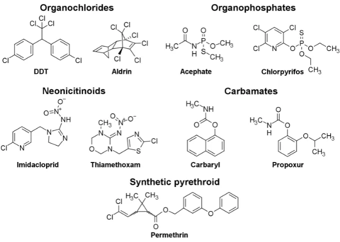 Figure 2.1. A selection of the most commonly used insecticides from the five major classes of insecticides (103, 107, 108)
