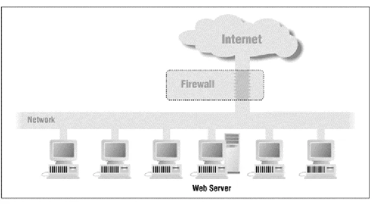 Figure 1.6. A web server located between an internal firewall and an external firewall 