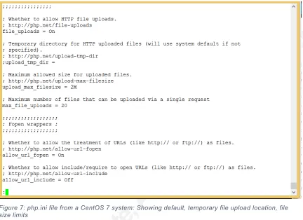 Figure 7: php.ini file from a CentOS 7 system: Showing default, temporary file upload location, file size limits  