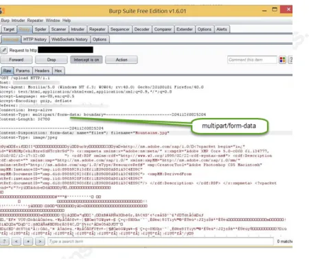 Figure 1:  A Multipart/form-data request to upload a file named “Mountains.jpg” Shown via PortSwigger’s BurpSuite 
