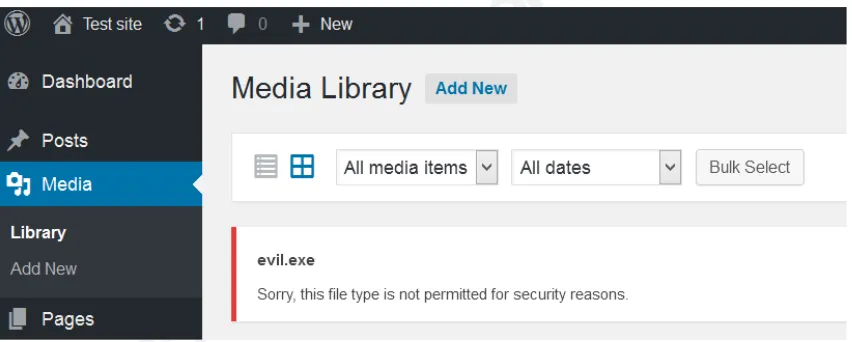 Figure 2: WordPress rejecting “evil.exe” based on file extension containing “exe” 
