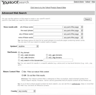 Figure 1-2: Simplify sophisticated searches with Yahoo!’s Advanced Search page. 