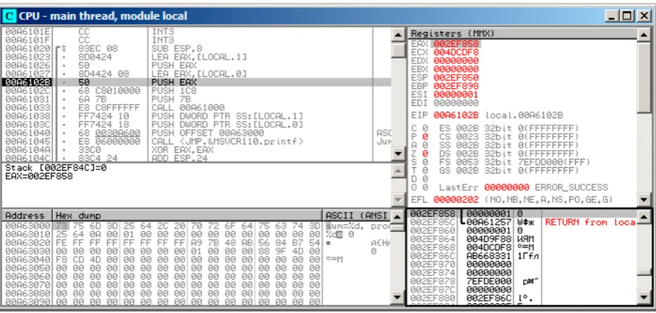 Figure 10.6: OllyDbg: local variables’ addresses are pushed into the stack