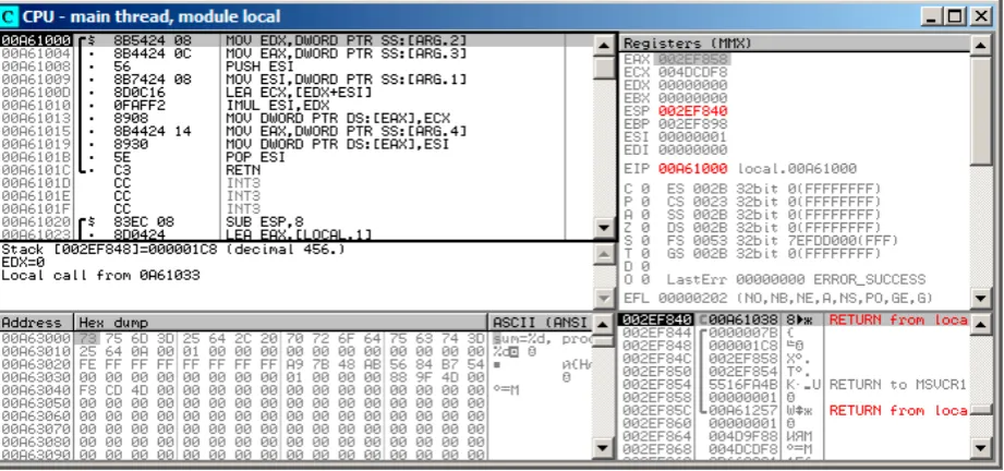 Figure 10.7: OllyDbg: f1() starting