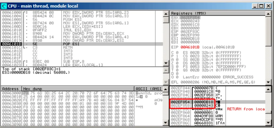 Figure 10.8: OllyDbg: f1() completes execution
