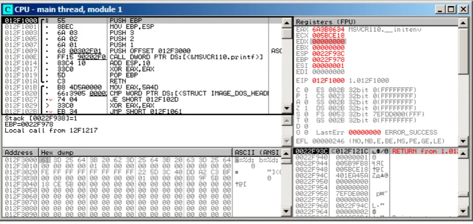 Figure 6.1: OllyDbg: the very start of the main() function