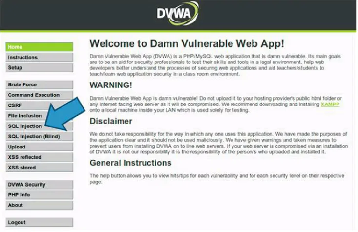 FIGURE 4.1  Accessing the SQL injection lesson in DVWA.