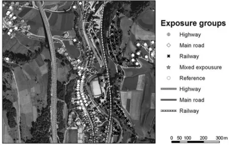 Figure 1. Classification of addresses to exposure groups based on distance to traffic carriers in the municipality of Matrei am Brenner.