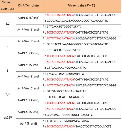 Table 3.2 Primer pairs used for generating domain swaps between AvrP123 and WA 