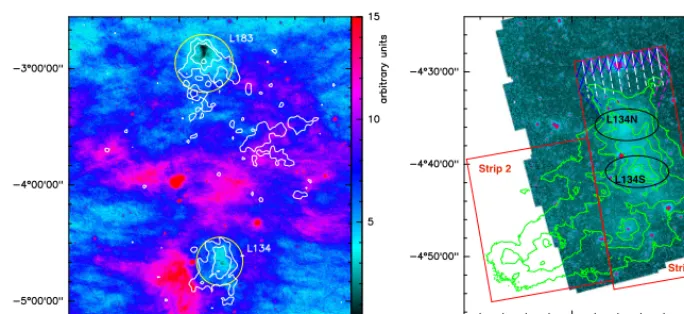 Figure 5. Left: WISE extinction image of L183 and L134 at 12dicore (L134N, no Cµm. The yellow circles represent theexternal limits inside which the NIKA2 maps will be performed (30′ for L183, ∼25′ for L134)