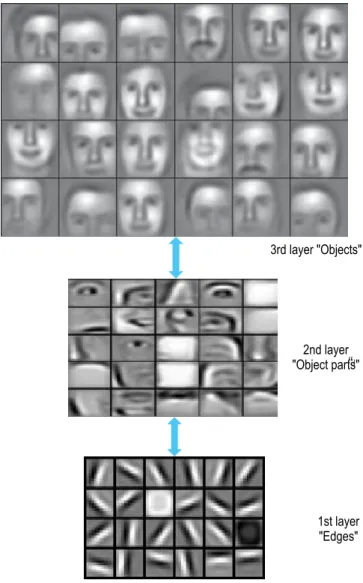 Fig. 3: Layers tend to learn progressively more complex patterns. As  shown in Reference 9, inputs comprising photos of faces can be  categorized by layers that are activated by changes in contrast to  define edges and parts of objects