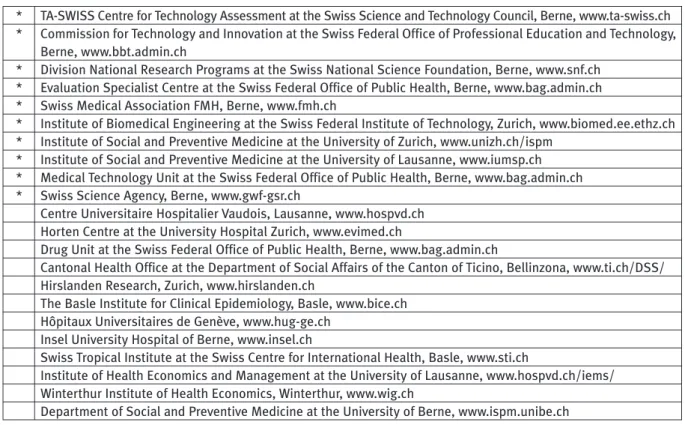 Table 1. Member Institutions of the Swiss Network of Technology Assessment SNHTA