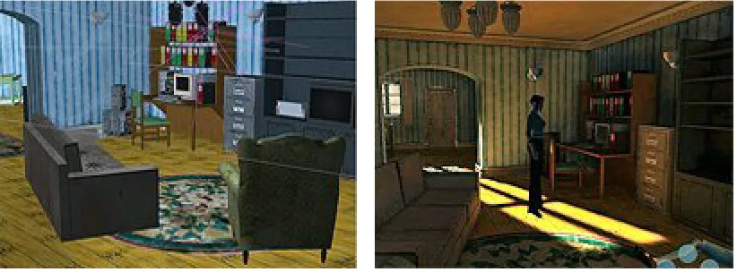 Figure 1: Broken Sword: The Sleeping Dragon, before with flat lighting and after with atmospheric lighting (Adventure Gamers)