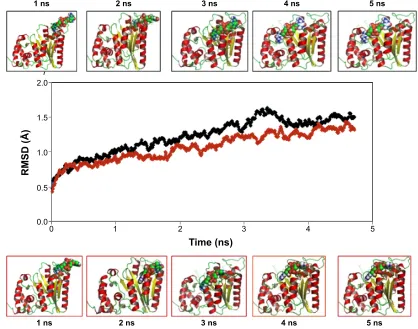 Figure 6 Binding-pathway root mean square deviation (RMSD) confirmations of protein-ligand complexes between 1 and 5 ns