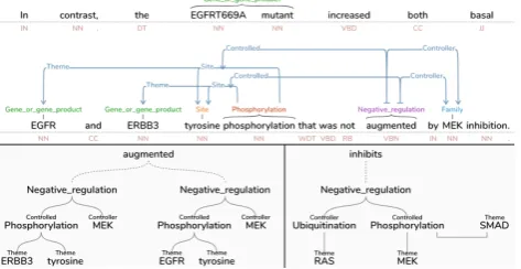 Figure 4: The tree panel shows a semantic summary of a selectedannotation. The top and bottom left show the same annotation inboth formats, in the the tree panel emphasizes the negative reg-ulation events triggered by the word ‘augmented.’ The bottomright 