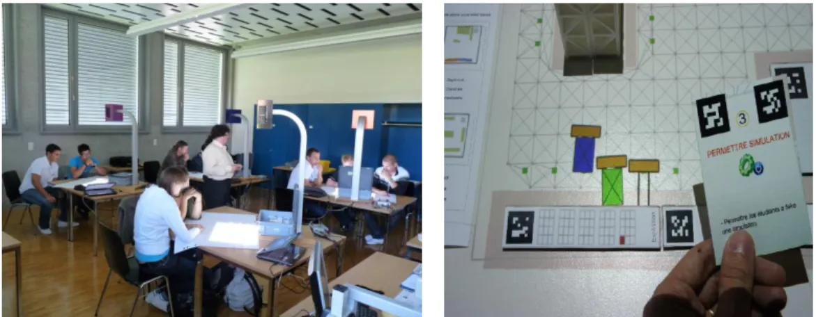 Figure 2-23 Do-Lenh’s (2012)multi-tabletop classroom. Left: Multiple Tinker Lamp devices in the classroom