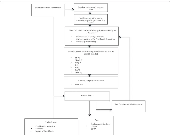 Fig. 1 Study Procedures. Abbreviations: SF-36 = Short Form – 36, SF-MPQ = Short Form McGill Pain Questionnaire, PHQ-9 = The Patient Health Questionnaire, DSI = Dialysis Symptoms Index, PSQ = Patient Satisfaction Questionnaire, KATZ = Katz Index of Independ