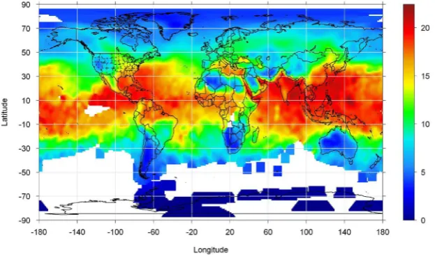 Figure 2. Spatial interpolated global-specific humidity distribution on July 2013. Units are in g/kg