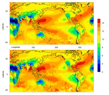 Figure 6. Snapshots of long-term component of global specific humidity on January 1976 (upper) and January 2010 (lower)