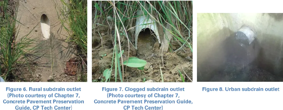 Figure 6 shows a proper rural subdrain outlet. Figure 7 shows a rural subdrain outlet that has become clogged and is no longer functional