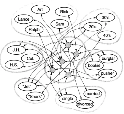 FIGURE 1.3 A network containing instance units and property units. Mutually excitatory connections (shown by double-headed arrows) occur between some units in different groups while all units within the same group are mutually inhibitory