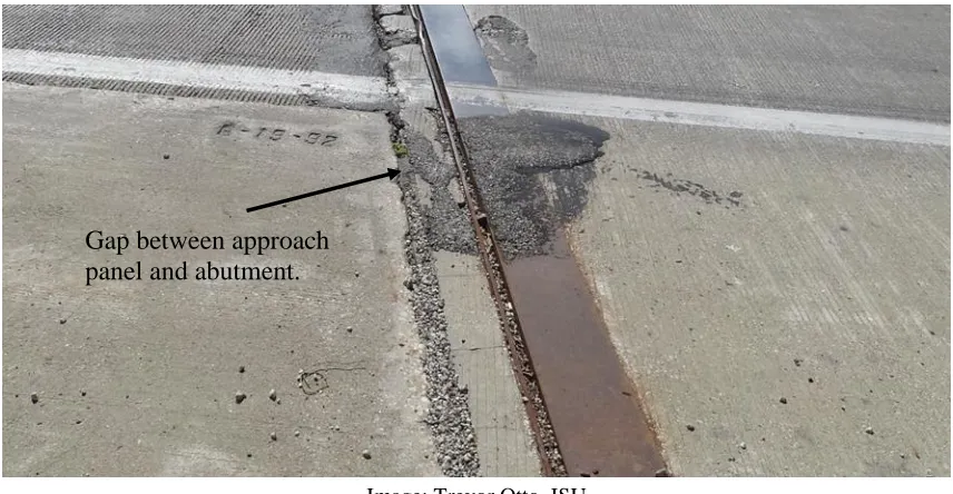 Figure 2.2. Gap forming between top of abutment and approach panel on the I-80 over I-35 west abutment 