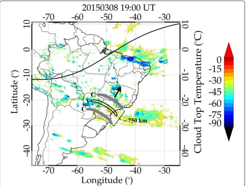 Fig. 11 Meteorological satellite (GOES 13) cloud top temperature map: same as Fig. 10 but for March 08, 2015, at 19:00 UT
