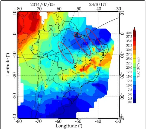 Fig. 1 TECMap over South America on the evening of July 05, 2014, at 23:10 UT. The black line indicates the geomagnetic equator, and the brokenline indicates the solar terminator line at an altitude of 300 km