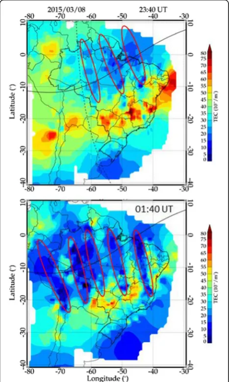 Fig. 5 TECMaps, same as Fig. 1 but on the evening of March 08, 2015.The inter-bubble distances at 23:40 UT were ~ 770 km and at 01:40 UTwere ~ 650 km