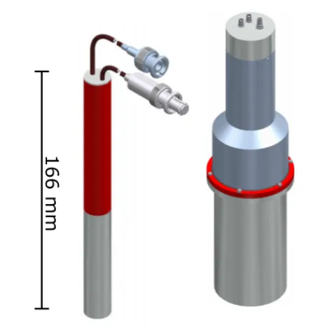 Fig. 2. CAD drawing of the detectors to be used in CROCUS. Left: CeBrdetector with 0.6”x2” cylindrical crystal (silver) and PMT with I/O cables3(red)