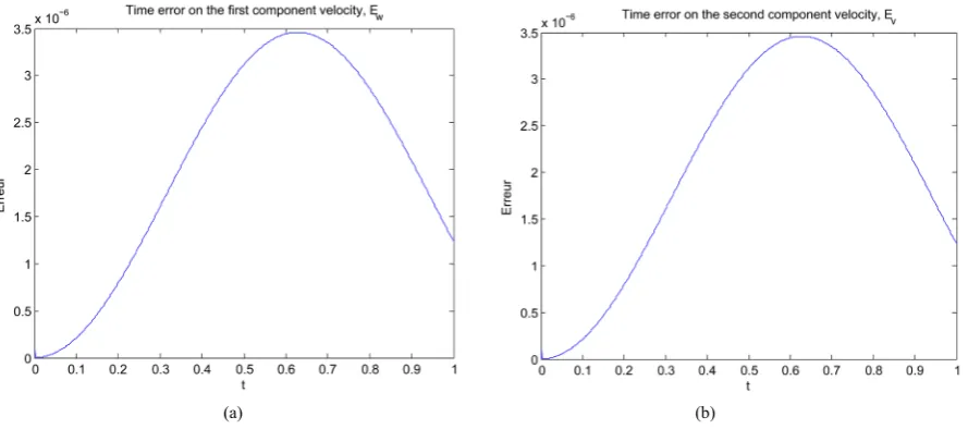 Figure 1. Temporal evolution of the errors in time on the first component of the velocity, E(,)wt∆t (a), and the second component E t(,)v∆t (b), for a step of time ∆ =t2 10 ,×−3N=M=20