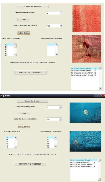 Fig 9 Snapshots of the GUI used for defect detection in silk sari 