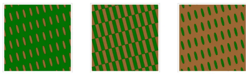 Figure 7. Rhombic patterns relevant to g x z(,  of (4.13)-(4.14) for )ϕ =0.5 with threshold values from right to left of 1, 0, and −1 , respectively