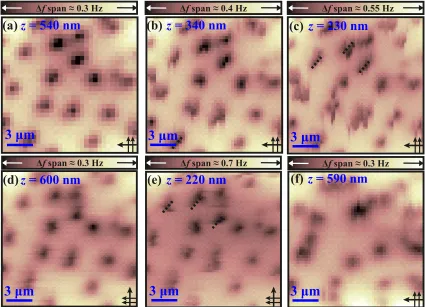 FIG. 6. Imaging and manipulating vortices at xexplained in Fig.resolution scan before manipulating vortices ((b),after several scans with very low = 0.19 for T = 4.34 K with B ≈ 1.5 G