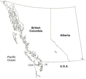 Figure 1. Map of Alberta and British Columbia showing tick collection sites: 1. Cypress Hills Interprovincial Park, Alberta, 49˚34'31''N, 110˚00'21''W; 2