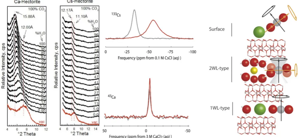 Fig. 4. X-ray diffraction (left) and NMR (center) data obtained for Ca- and Cs-hectorite obtained at 50 °C and 90 bar CO2 as functions of the H2O saturation of thescCO2 phase
