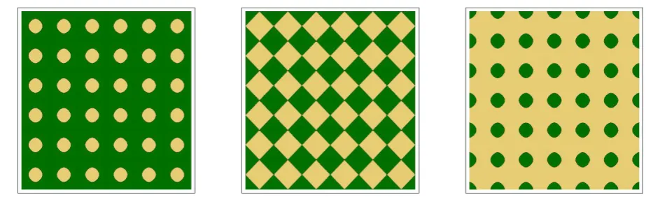 Figure 12. Square patterns relevant to g x z(,  of (3.17)-(3.18) for )ϕ =π 2 with threshold values from left to right of (a) −1 , (b) 0, and (c) 1