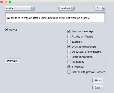 Table 1: Different types of advice extracted from the online DUG data. The ﬁrst, second, and third columns contain thename of the drug, an advice statement from the DUG document of that drug, and the annotation of that advice statement,respectively