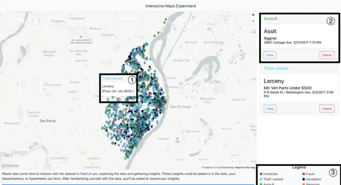 Figure 4.1: An overview of the entire visualization using the St. Louis crime dataset, with vi- vi-sualization components labelled