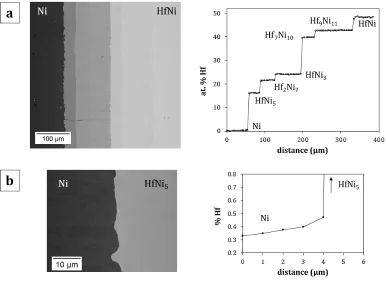 Figure 1. Micrograph and composition profile obtained from Ni/HfNi diffusion couple annealed 
