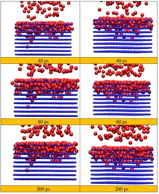 Figure 4:   The evolution of atomistic structures during oxidation process under force-1(left column) and force-5(right column)