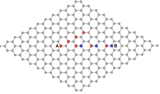 Fig. 1 The 10×10 supercell structure of graphene. Red and blue show A and B 