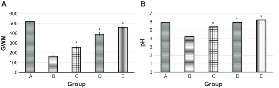 Figure 4 Measurement of (A) gWM (μg of alcian blue per gram of tissue) and (B) pH in five groups of rats, namely: (A) normal control, (B) lesion control, (C) low dose of eeaM, (D) high dose of eeaM, and (e) omeprazole control.Notes: Data for gWM are report