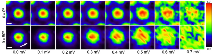 FIG. 6. Conductance map of single vortices for perpendicular ﬁelds (θbottom row). The color scale is given by the bar on the right