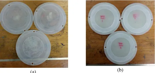 Figure 4: Examples of (a) polymer specimens and (b) FRP specimens, after dry sliding  wear test 