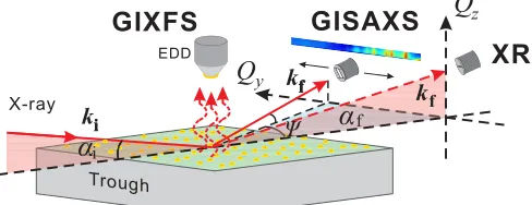 FIG. 1. Schematic setup for XR, GISAXS, and GIXFS mea-