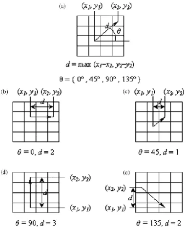 Figure 2. The direction in image of pixel pairs(xoccurrence matrix. (a) illustration of direction between the pixel pairs used to construct the gray level co-  of pixel pairs and the distance d   and distance d 1,y2) and (x2, y2); (b)-(e) four examples a