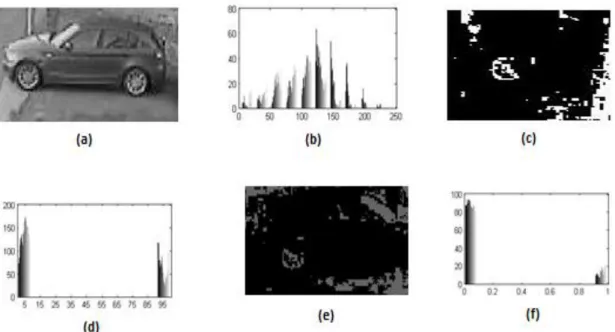 Figure 6: (a) Original Image (b) Histogram of image (c) encryption key (d) Histogram of encryption key (e) Encrypted image  using chaos (f) histogram of encrypted image 
