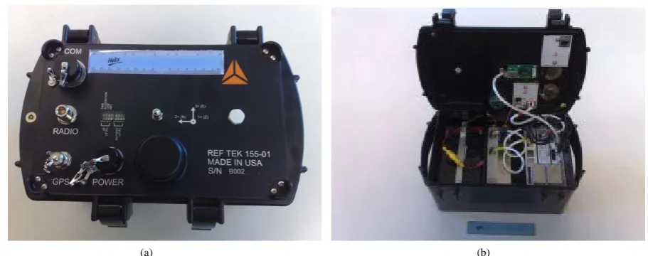 Figure 1. a) Shakebox with weatherproof enclosure with 6-inch ruler shown for scale; b) Placement of detailed modules with 6-inch ruler shown for scale
