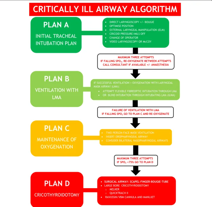 Figure 3 Critically ill ‘traffic light’ airway algorithm. MILS – manual in-line stabilisation, SpO 2 – pulse oximetry.